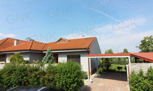 Ein montiertes Carport Standard mit einem Pultdach neben Familienhäusern mit Walmdächern