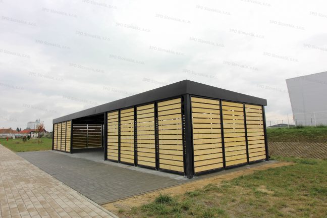 Eine Design-Überdachung für Raucher in anthrazit mit Wandausfüllungen aus Holz