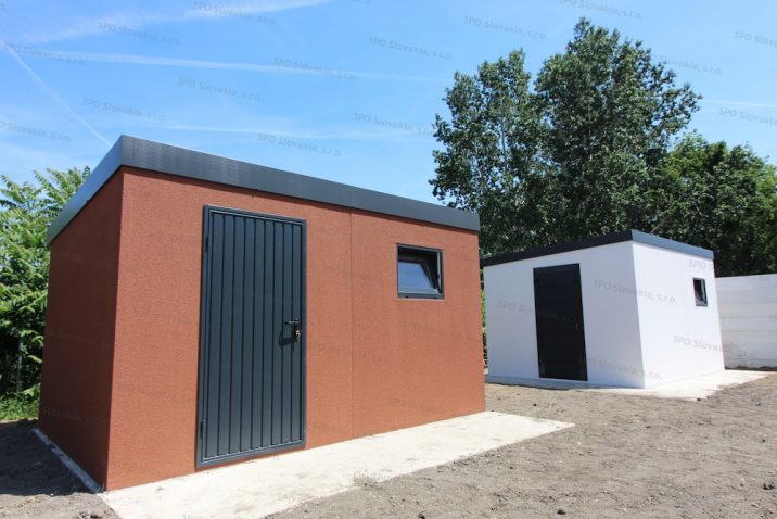 Ein Gartenhaus in ziegelrot mit Zubehör in anthrazit