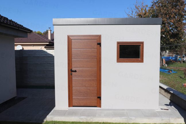 Ein Gartenhaus aus Stahl mit brauner Tür