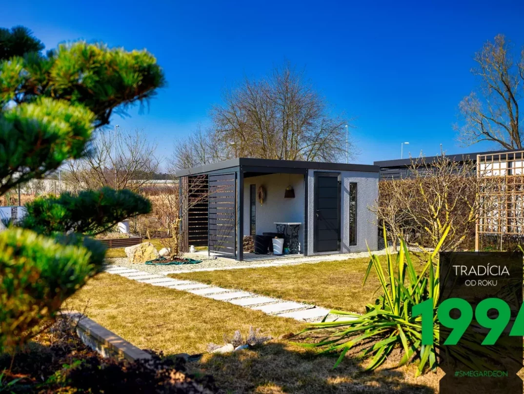 Modernes Gartenhaus GARDEON mit Putz in licht-grau und Elementen in Anthrazit