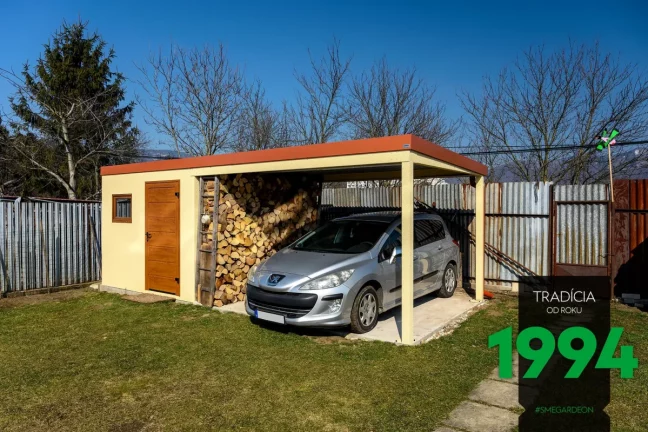 Schöne neue GARDEON Gartenhütte in strahlender Farbe mit einer Überdachung für Holz und ein kleineres Auto