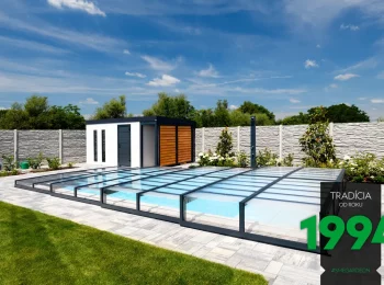 Ein moderner Pool und die Gartenhütte von GARDEON