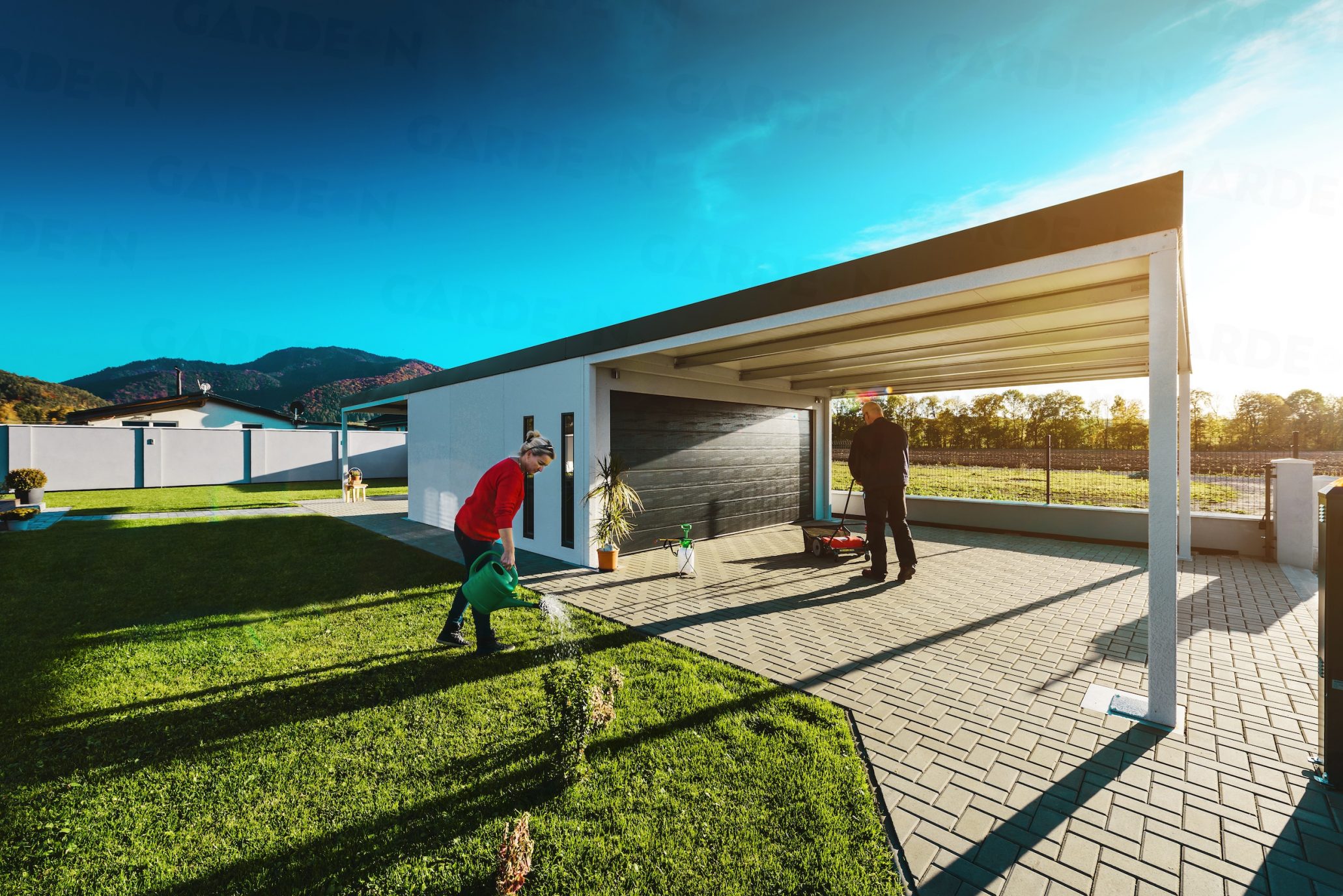 Eine Garage für 2 Auto mit Überdachung vorne und hinten