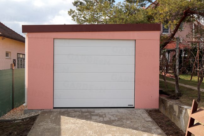 Eine 1-Auto-Garage mit rosa Putz