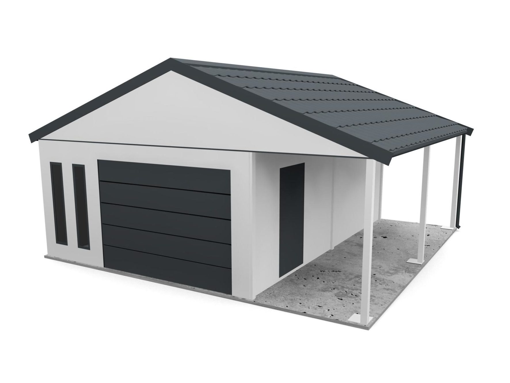 Eine Garage mit Satteldach und Überdachung