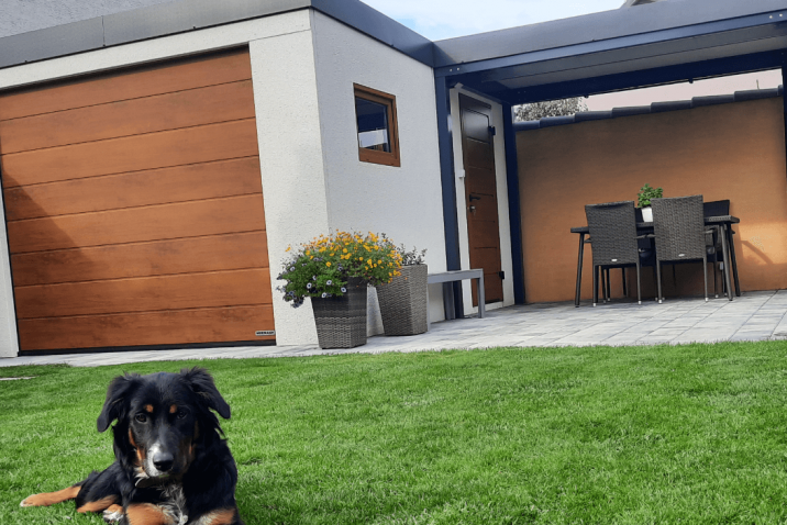 GARDEON - Foto einer Garage mit Überdachung und einem Hund