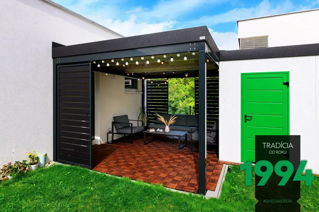 GARDEON Gartenpergola mit Gartenhaus und Leuchterkette