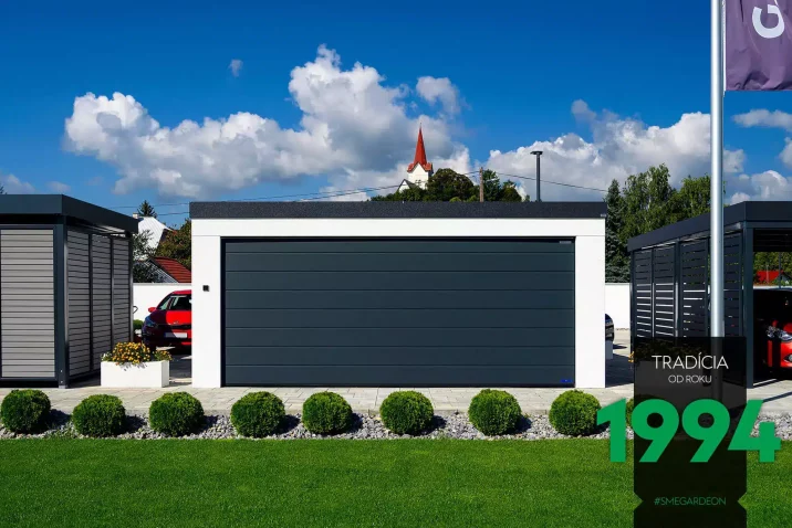 Doppelgarage GARDEON mit weißem Putz und grauem Zubehör