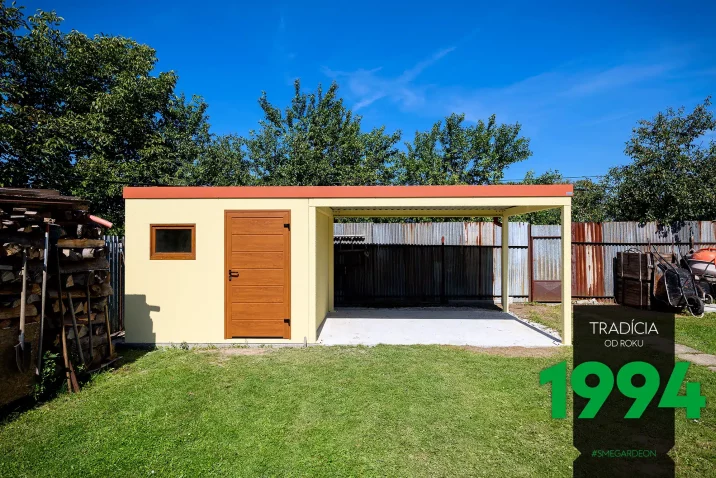 Gartenhaus mit Überdachung verputzt und fertig montiert