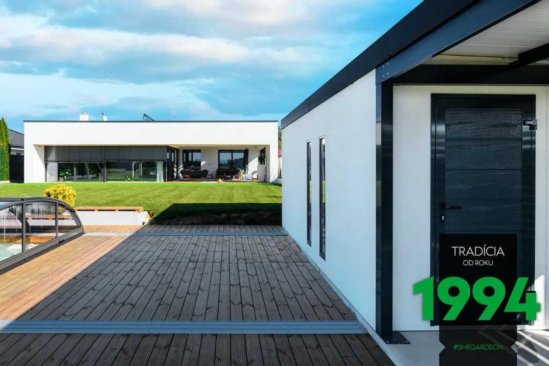 Moderne Gartenhütte mit Überdachung und einem Flachdach