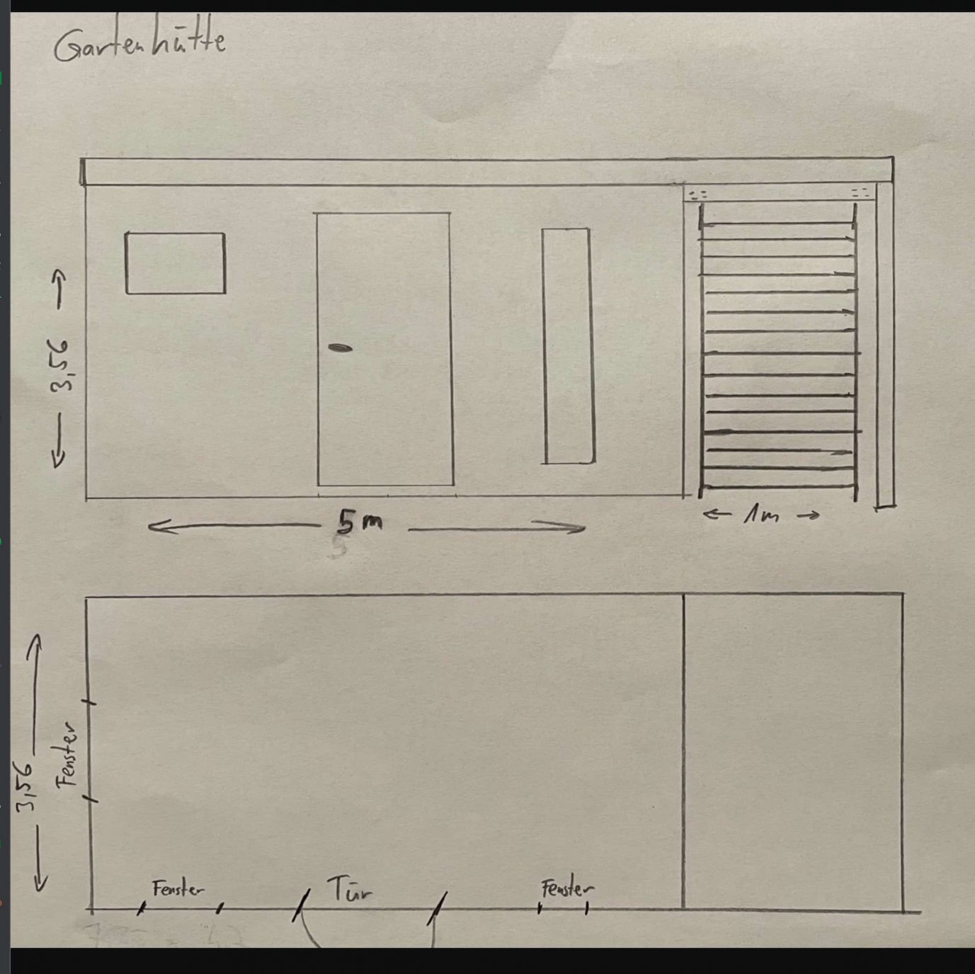Zeichnung einer Gartenhütte mit Überdachung
