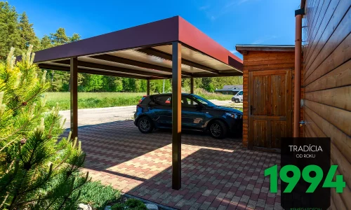 Ein braunes Doppelcarport aus Stahl mit gedämmten Dachpaneelen