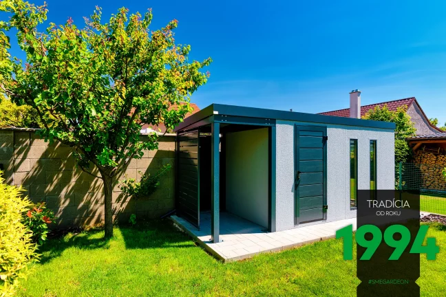 Gartenhütte mit Seitenüberdachung und einem Wandelement für Sichtschutz