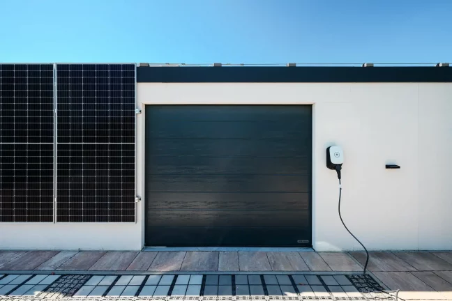Solarmodule an der Wand neben dem schwarzen Hörmann-Garagentor