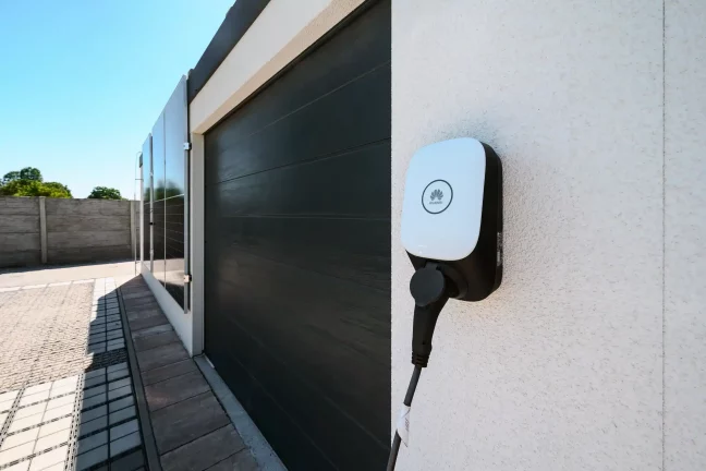 Detailansicht einer Wandladestation mit angeschlossenem Kabel