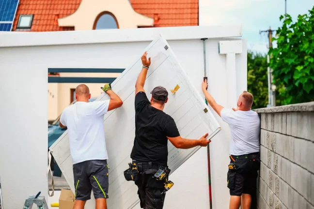 Drei Mitarbeiter tragen ein großes weißes Paneel in die Garagenöffnung