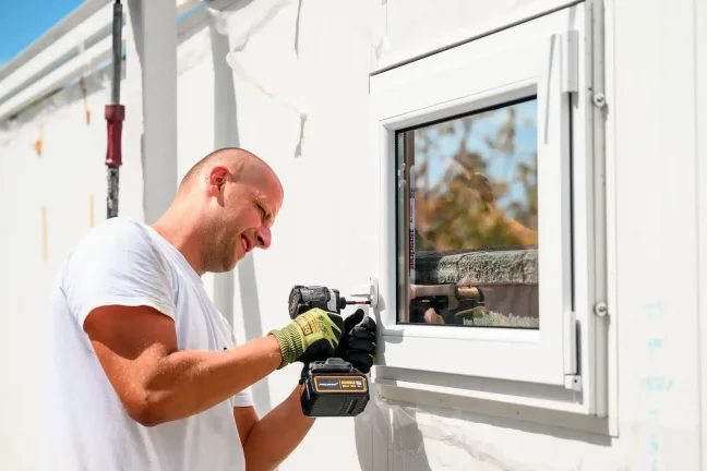 Mitarbeiter bohrt in den Rahmen eines weißen Kunststofffensters in der Wand