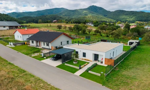 Luftaufnahme eines Einfamilienhauses mit Carport für zwei Autos am Ortsrand vor den Bergen