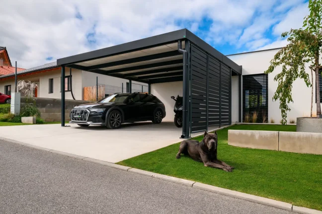 Carport mit Lamellenwand, Auto unter dem Dach und Hund auf dem Rasen