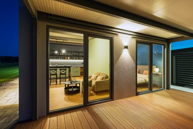 Blick durch die Glastüren der Terrasse in den beleuchteten Wohnraum des Tiny Houses
