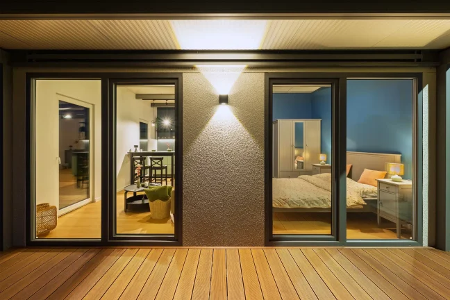 Abendlicher Blick von der Terrasse in Wohn- und Schlafzimmer durch die Glastüren