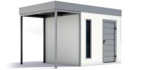 Ein Gartenhaus mit Überdachung